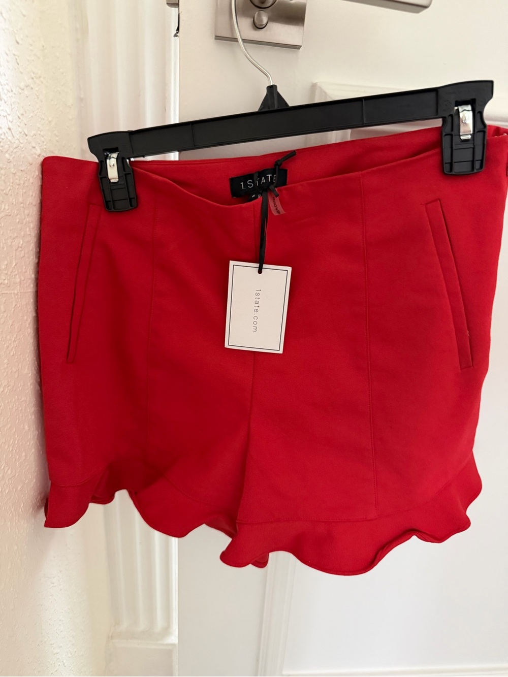 1. State Bright Red Ruffle Hem Skort with Pockets easy to style for day/night